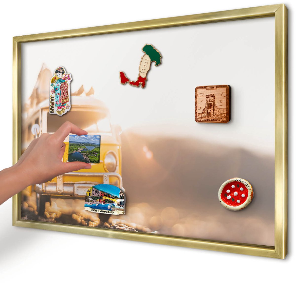 Artprintcave Geel Magneetbord mit Gouden Frame - 60x40 cm - Retro Reizen Magneetbord Voor Keuken - Retro Magnetisch Bord Voor Magneten - Voertuigen