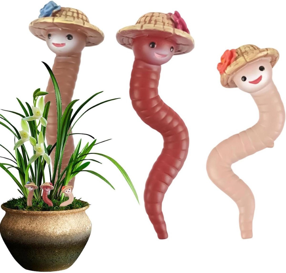 Plantenpotdecoraties Beeldjes - Tuinfiguren Regenwormen - Tuin Decoratie - Duurzaam Hars Materiaal - 3 Stuks - Multicolor