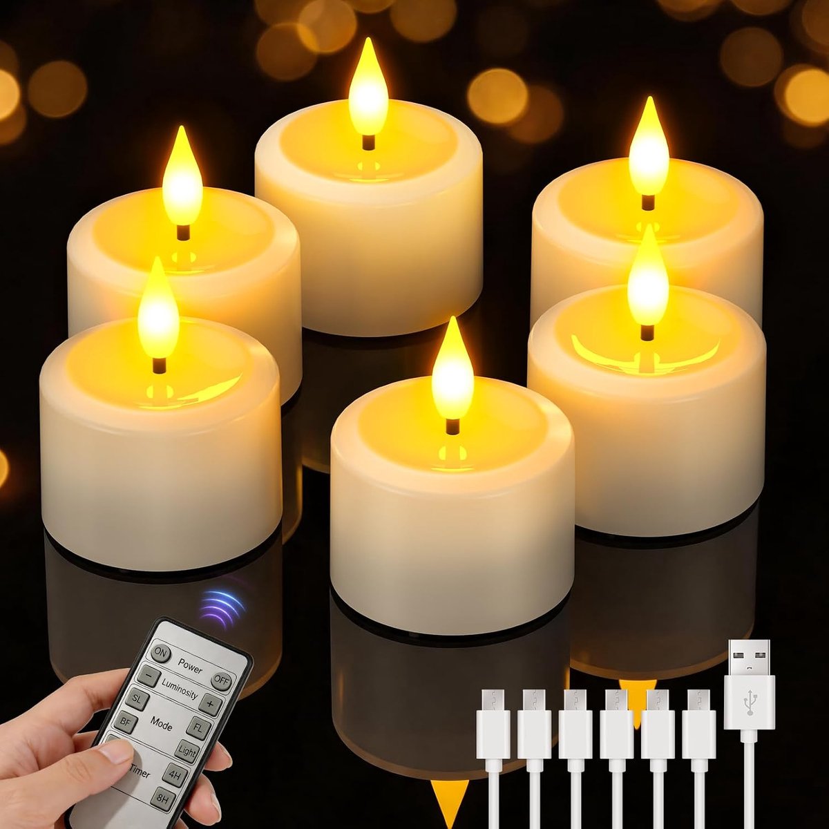 6 Pack Led Usb oplaadbare theelichtjes kaarsen met afstandsbediening