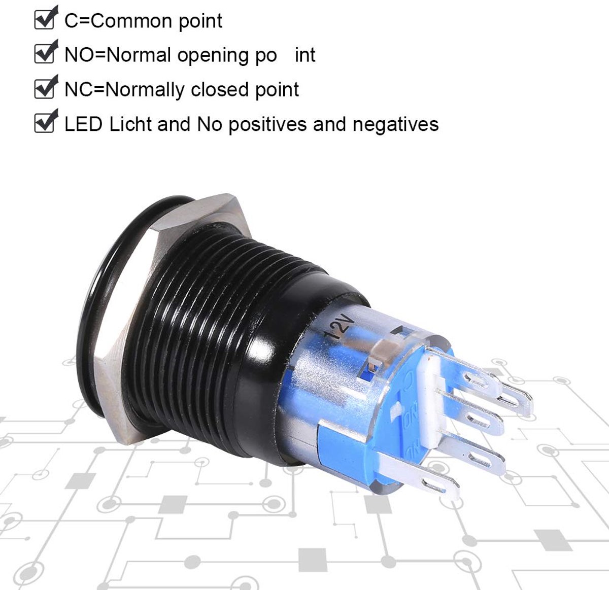19mm 12V-24V drukknop metaalzwarte schelp LED waterdicht roestvrij staal zelfborgende vergrendeling drukschakelaar knop schakelaar (wit) Automotive schakelaars
