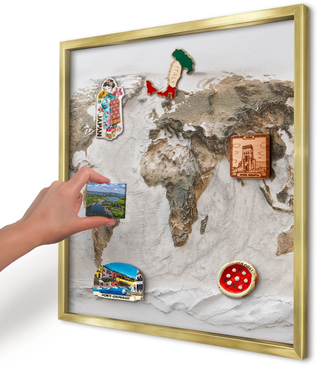 Artprintcave Beige Magneetbord mit Gouden Frame - 50x50 cm - Reliëfkaart Magnetisch Bord - Realistisch Magneet Bord mit Frame - Kaarten