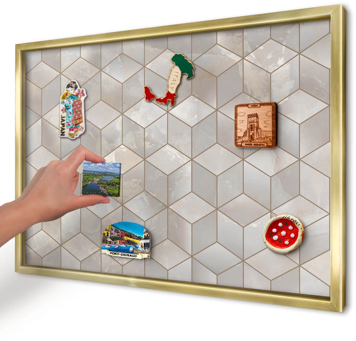 Artprintcave Beige Magneetbord mit Gouden Frame - 60x40 cm - Kubieke Achtergrond Notitiebord - Geometrische Magnetisch Bord Voor Magneten - Geometrie