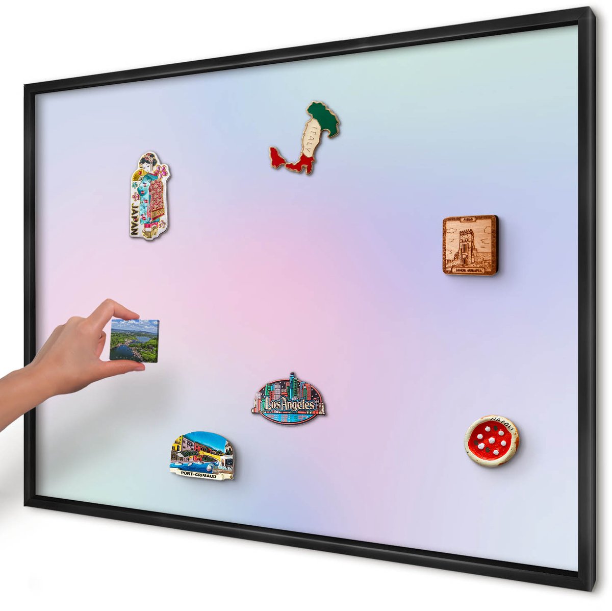 Artprintcave Blauw Magneetbord mit Zwart Frame - 100x70 cm - Pastelkleurige Overgang Wandbord Magnetisch - Minimalist Magneet Bord mit Frame - Abstractie