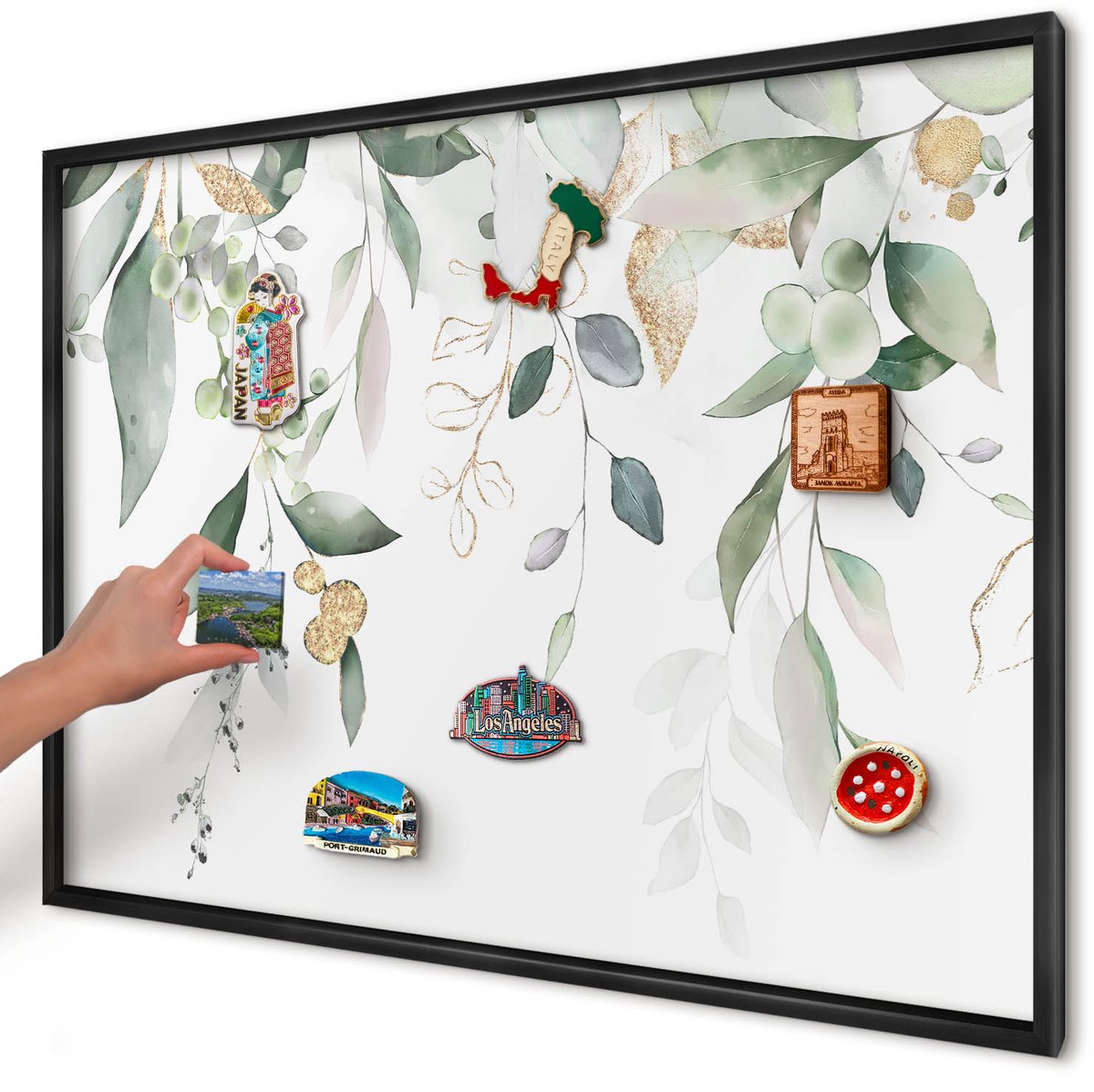 Artprintcave Groente Magneetbord mit Zwart Frame - 100x70 cm - Groene Bladeren Magneetbord Voor Foto's - Waterverf Wandbord Magnetisch - Bloemen En Planten