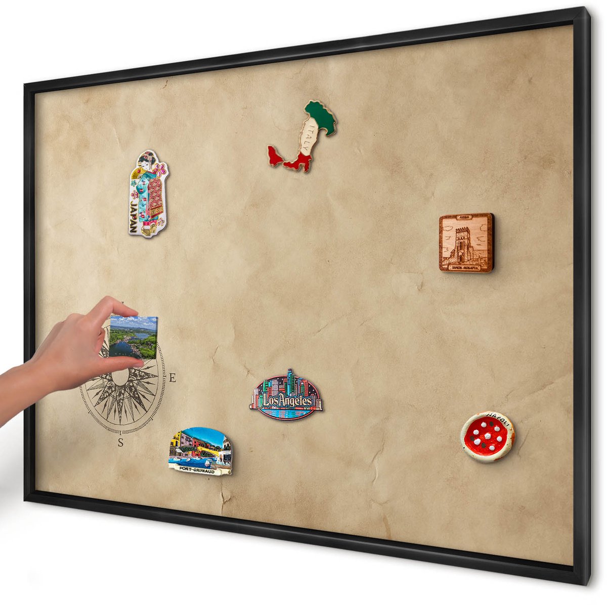 Artprintcave Beige Magneetbord mit Zwart Frame - 100x70 cm - Windroos Bord Voor Magneten - Vintage Magneetbord Voor Foto's - Achtergronden En Patronen