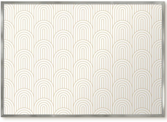 Een magneetbord met een beige achtergrond en gouden geometrische bogen.
