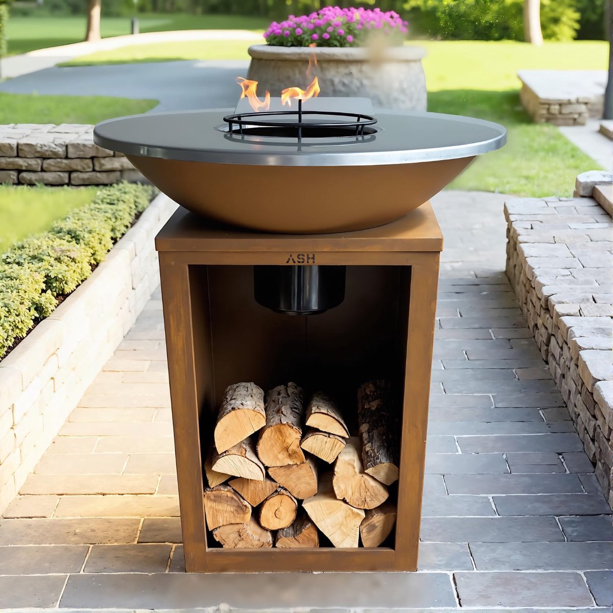 SnelShoppen - Plancha BBQ Barbecue Corten staal Ø81 cm - Grillplaat voor buiten - Tuin BBQ met houtopslag - Luxe uitstraling - XXL Griddle voor feeste