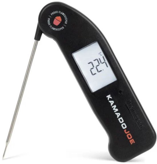 Zwarte thermometer met uitklapbare naald en digitaal display, met 'Kamado Joe' logo.