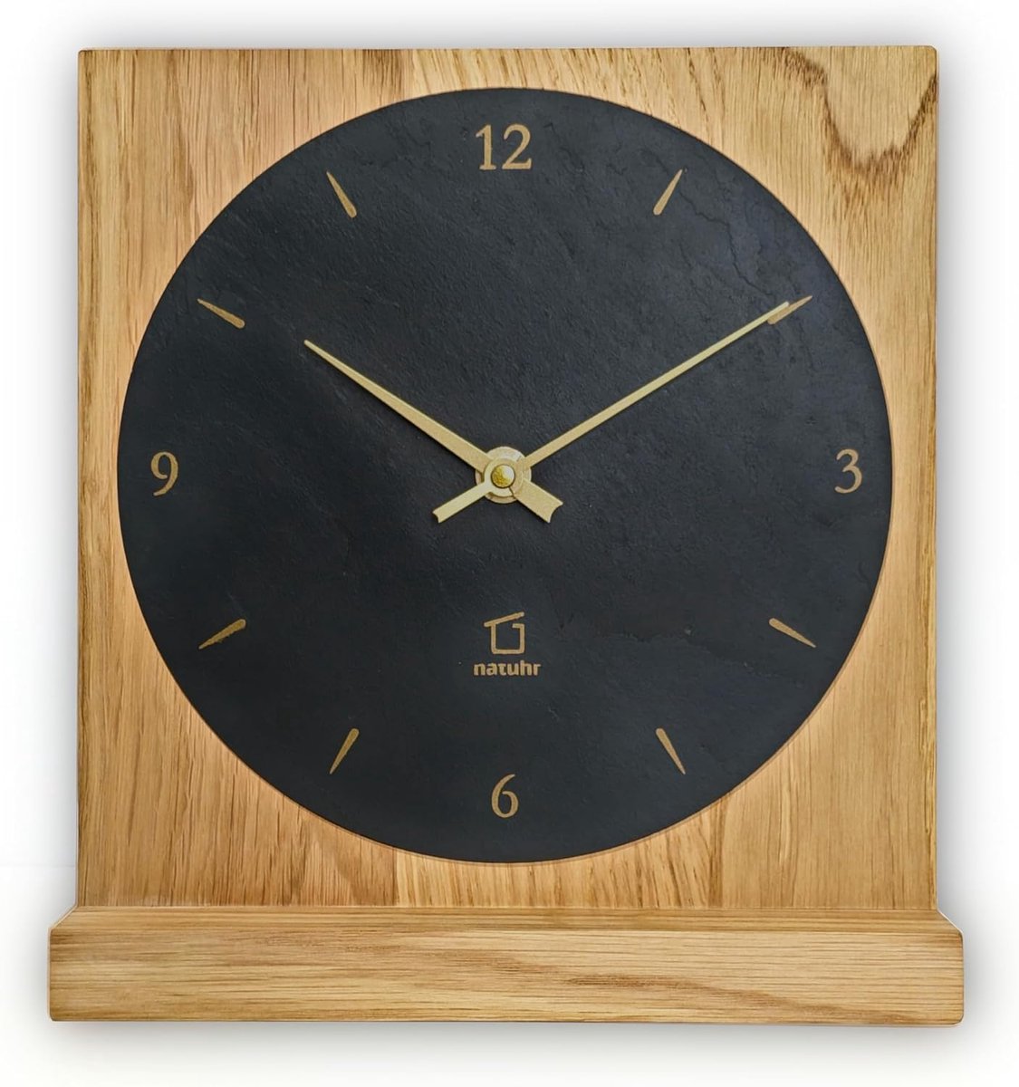 SnelShoppen - Elegante Tafelkloock - Slate Zwart en Eikenhout - Radiogestuurd - Design Klok met Gouden Accenten voor Woonkamer, Kantoor en Cadeaus