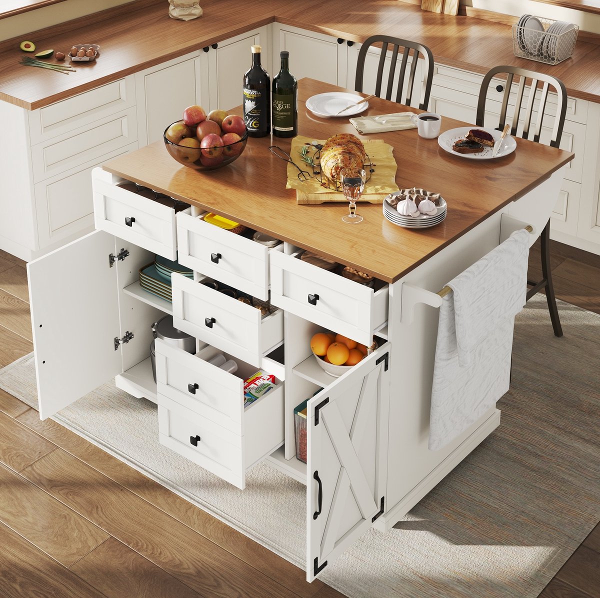 Keukeneiland Opklapbaar – 147 x 70 x 93 cm – MDF en Metaal – Wit – Mobiele Opbergruimte en Eettafel
