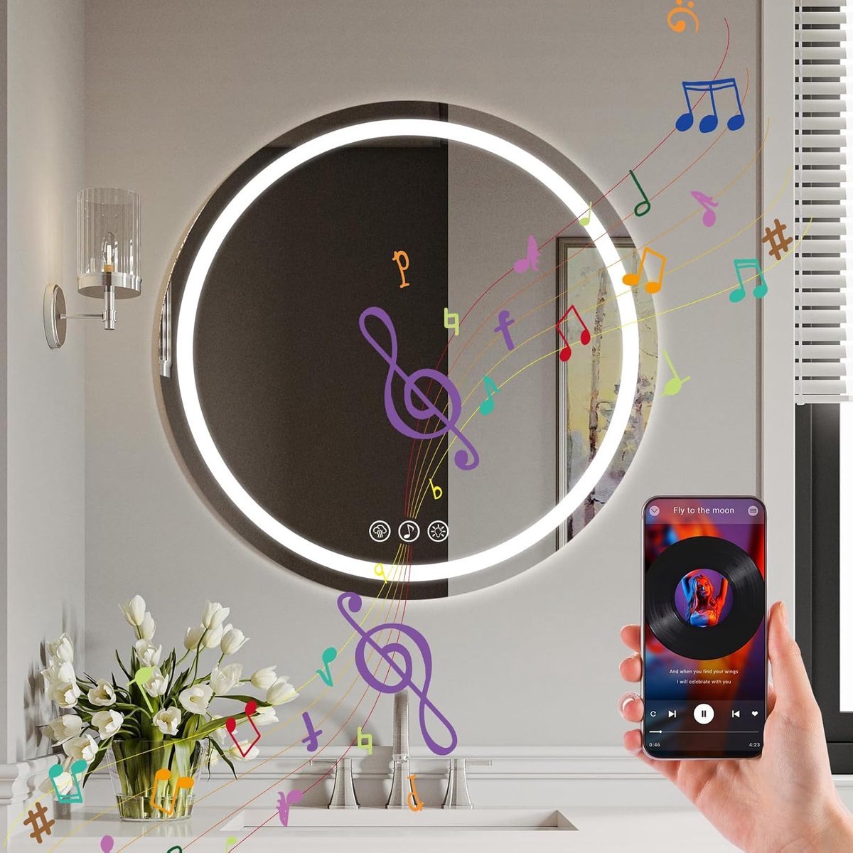 SnelShoppen - Rond Bluetooth LED Badkamer Spiegel 60cm met Verlichting, Dimbaar, Anti-condens Touch, 3 Lichtkleuren, Geheugenfunctie en Wandspiegel me
