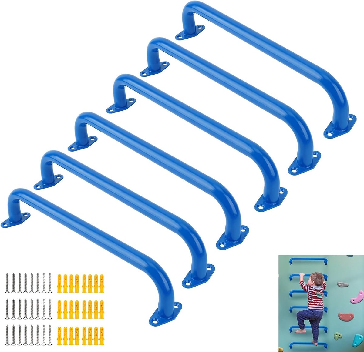 17 inch metalen speeltuin handgrepen, zware plafond grijpers voor binnenspeeltuinen, klimframes, apenrekken en wandladders; Matte textuur Safety Grip (blauw-6 stuks)