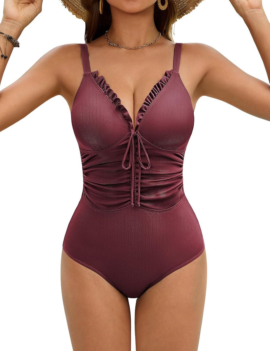 Badpak voor dames, 1 stuk, figuurvormend, platte buik, gestructureerd, kant, V-hals, verstelbaar, strand, vakantie, zomer, badpak voor dames