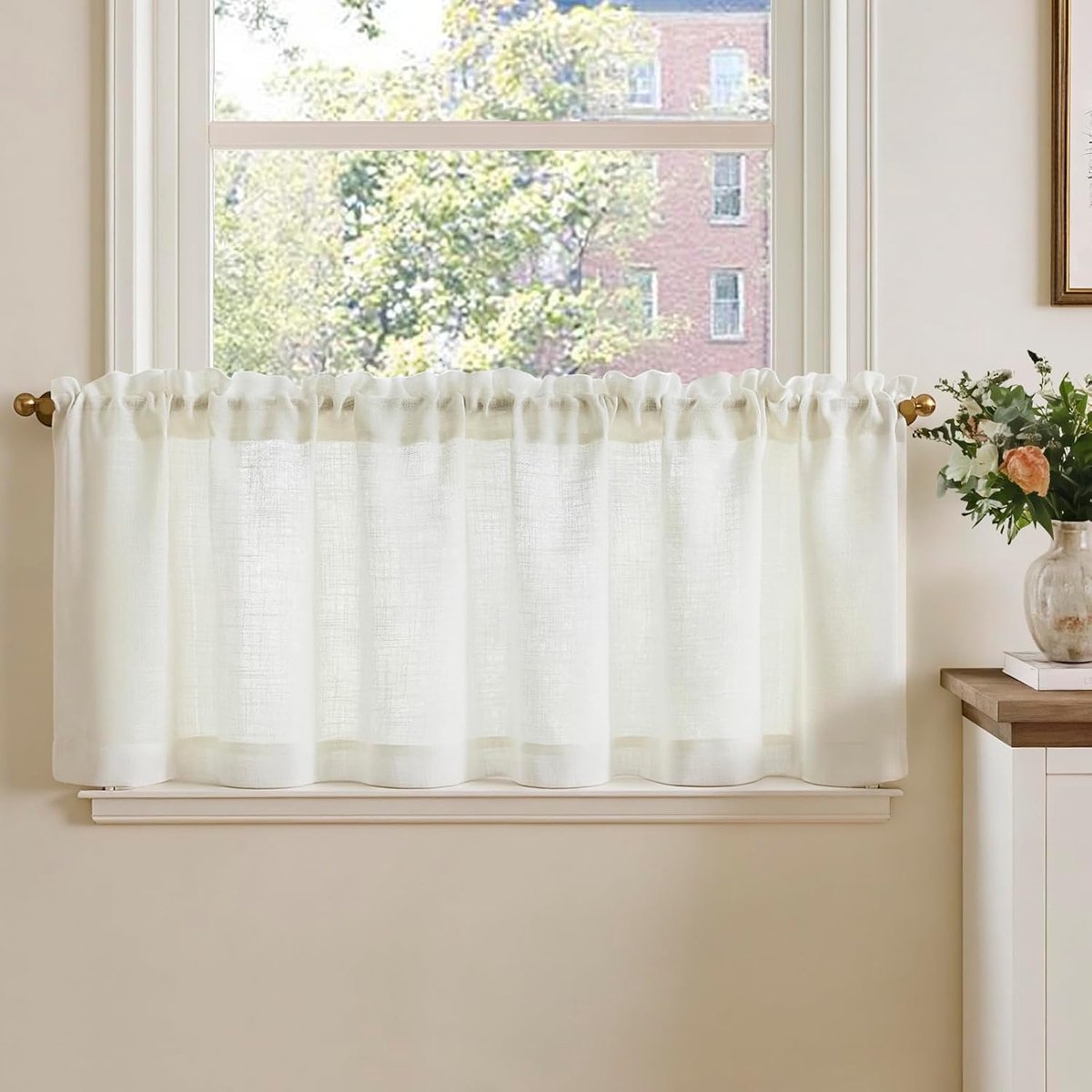 Bistrogordijn voor woonkamer keuken, set van 1, h 40 x b 150 cm, vitrage, linnenlook, kleine ramen, lichtdoorlatend, keukengordijnen, korte gordijnen, modern landhuis, tunnelzoom, crèmewit