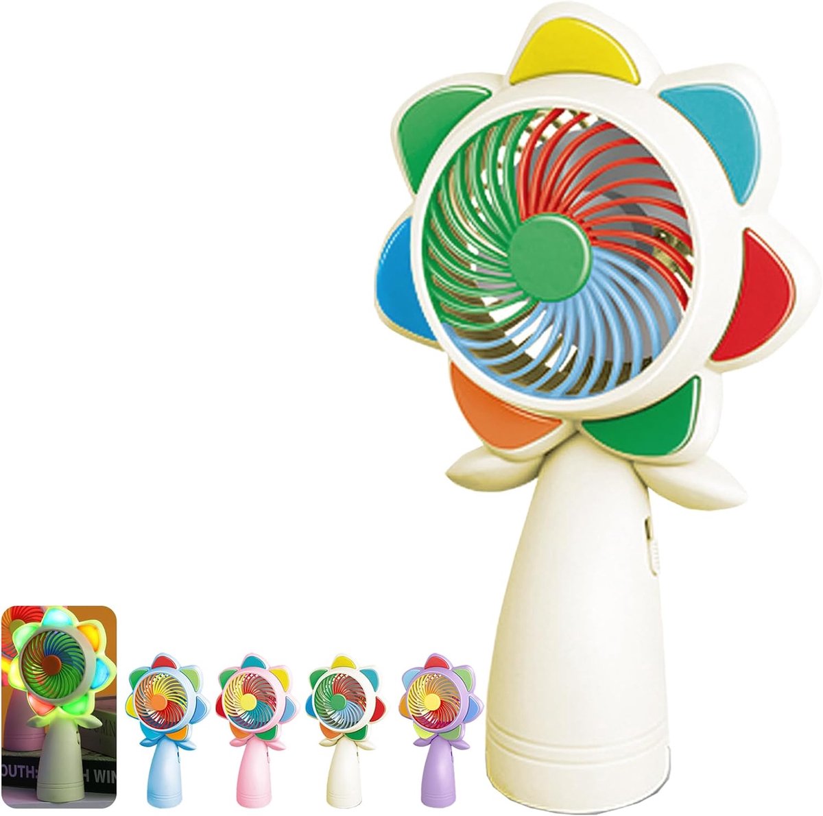 Draagbare ventilator met ledlampen, bloemenvorm, mini, USB, oplaadbaar, handventilator, kleine zak, stil, draagbare ventilator op batterij, voor kantoor, reizen in de open lucht (geel)