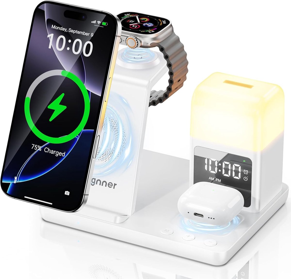 Draadloos Oplaadstation met 6-in-1 Functies, Bedlamp en Alarmklok voor iPhone, Apple Watch en AirPods, Geschikt voor Meerdere Modellen (Wit)