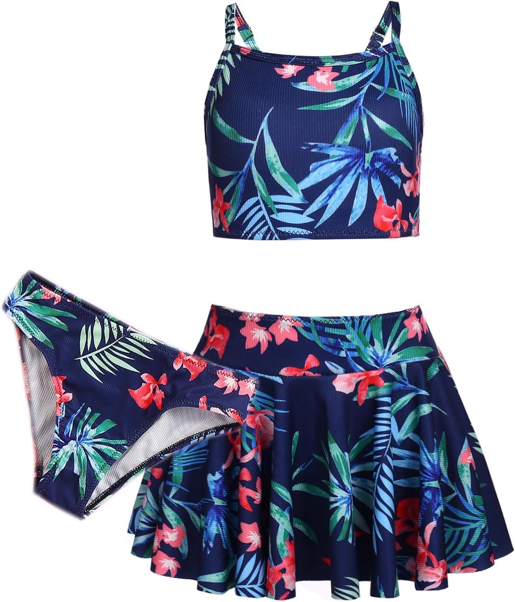 Bikini's voor meisjes, 3-delig, zomer, badpak, tankini voor kinderen, met rok, bloemenprint, badmode, bikini's voor meisjes van 5-14 jaar