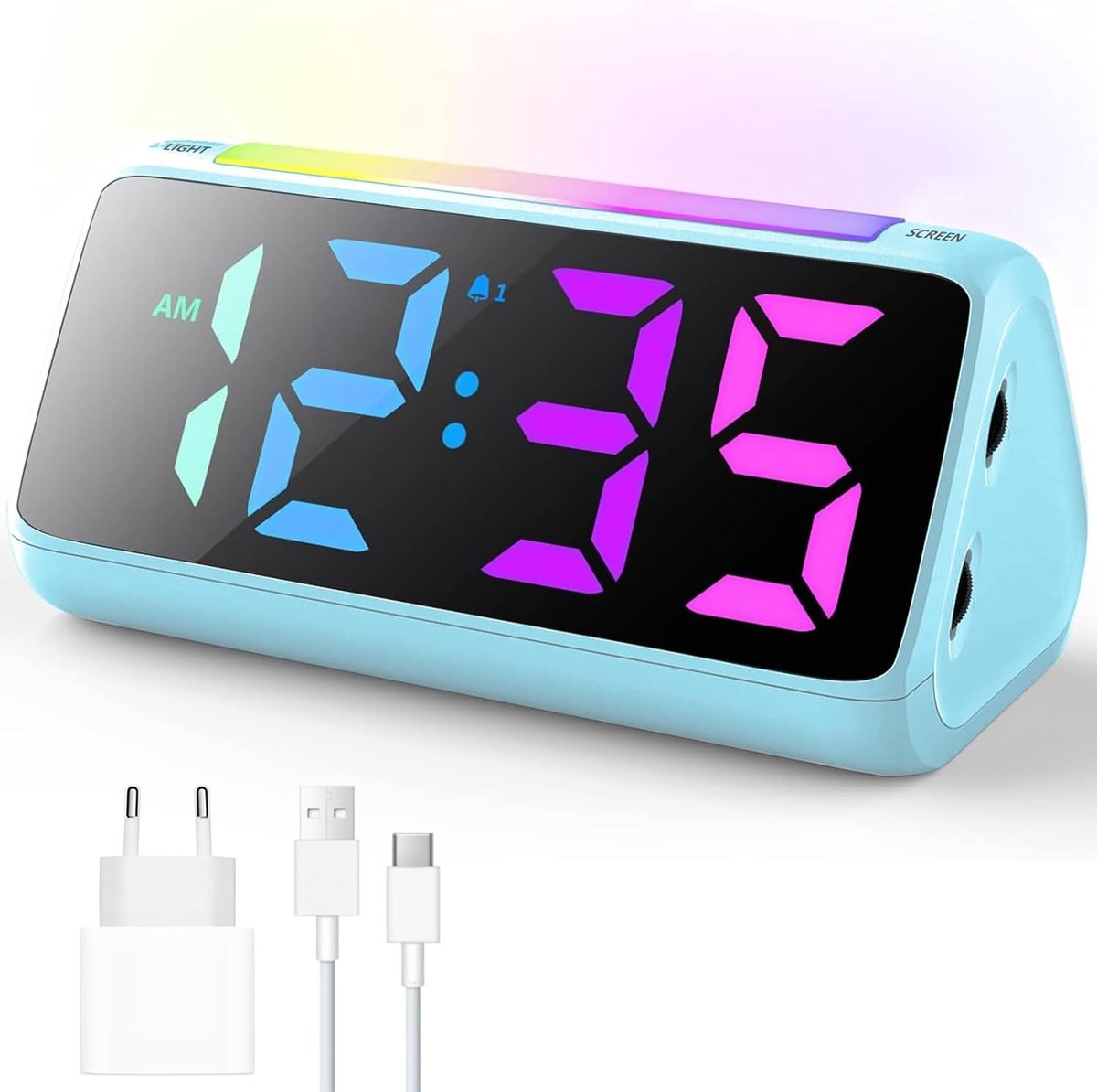 wekker, digitale kinderwekker met licht, kleurrijk led-display, 0-100% helderheidsdimmer, 2 alarmen, snooze, 3 volumeniveaus, USB-oplaadaansluiting, kinderwekker voor slaapkamer, netvoeding