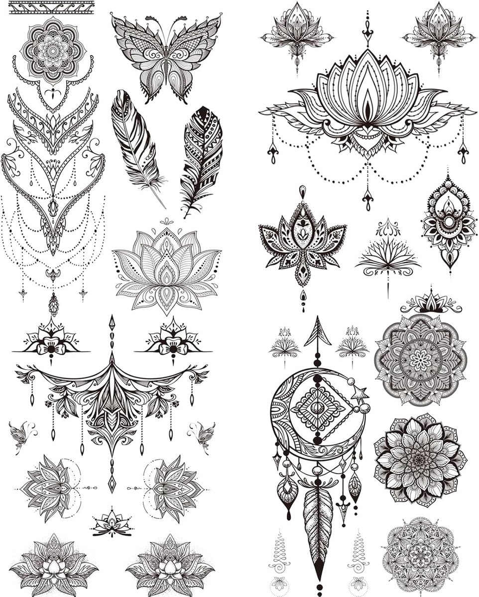 Bloemen Lotusbloemen Tattoo, 4 Vellen Tijdelijke Borst Underboob Tattoo Zwarte Bloem Tijdelijke Ta-ttoo Tij-delijke Ta-ttoo Stickers Zwarte Hand Tattoos Voor Vrouwen