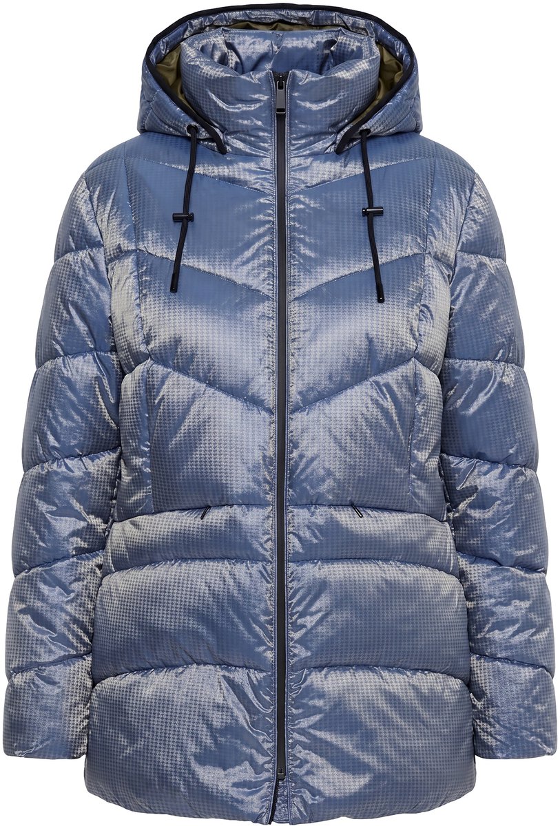 Ulla Popken - Dames - HYPRAR pufferjack pied-de-poule afneembare capuchon - Mat jeansblauw - Maat 42+