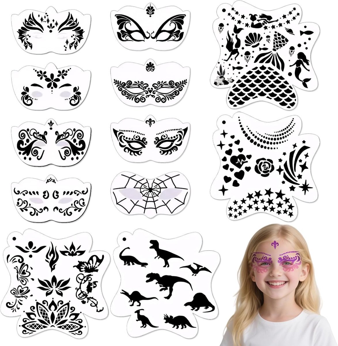 Tijdelijke Tatoeages - 12-delige set voor kinderen en volwassenen - Herbruikbare gezichts-tatoeage sjablonen - Creatieve tattoo sjablonen voor Halloween make-up feesten