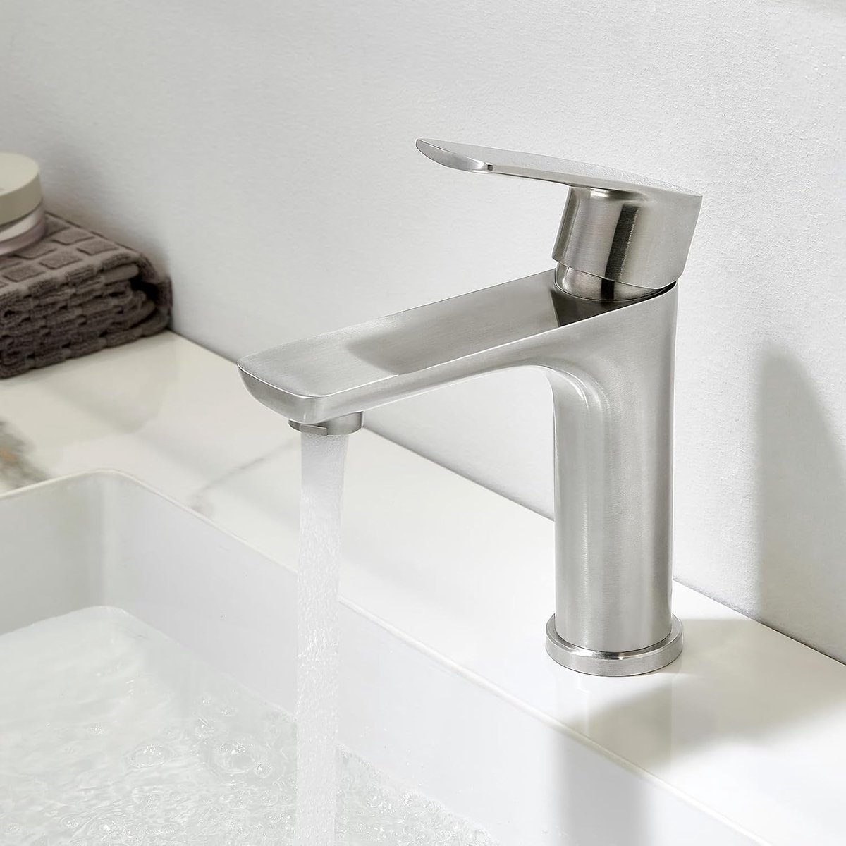 Kraan badkamer, wastafelarmatuur met afvoergarnituur, mengkraan wastafel waterbesparend, hogedruk kraan wastafel voor badkamer, eenhandswastafelkraan, geborsteld roestvrij staal
