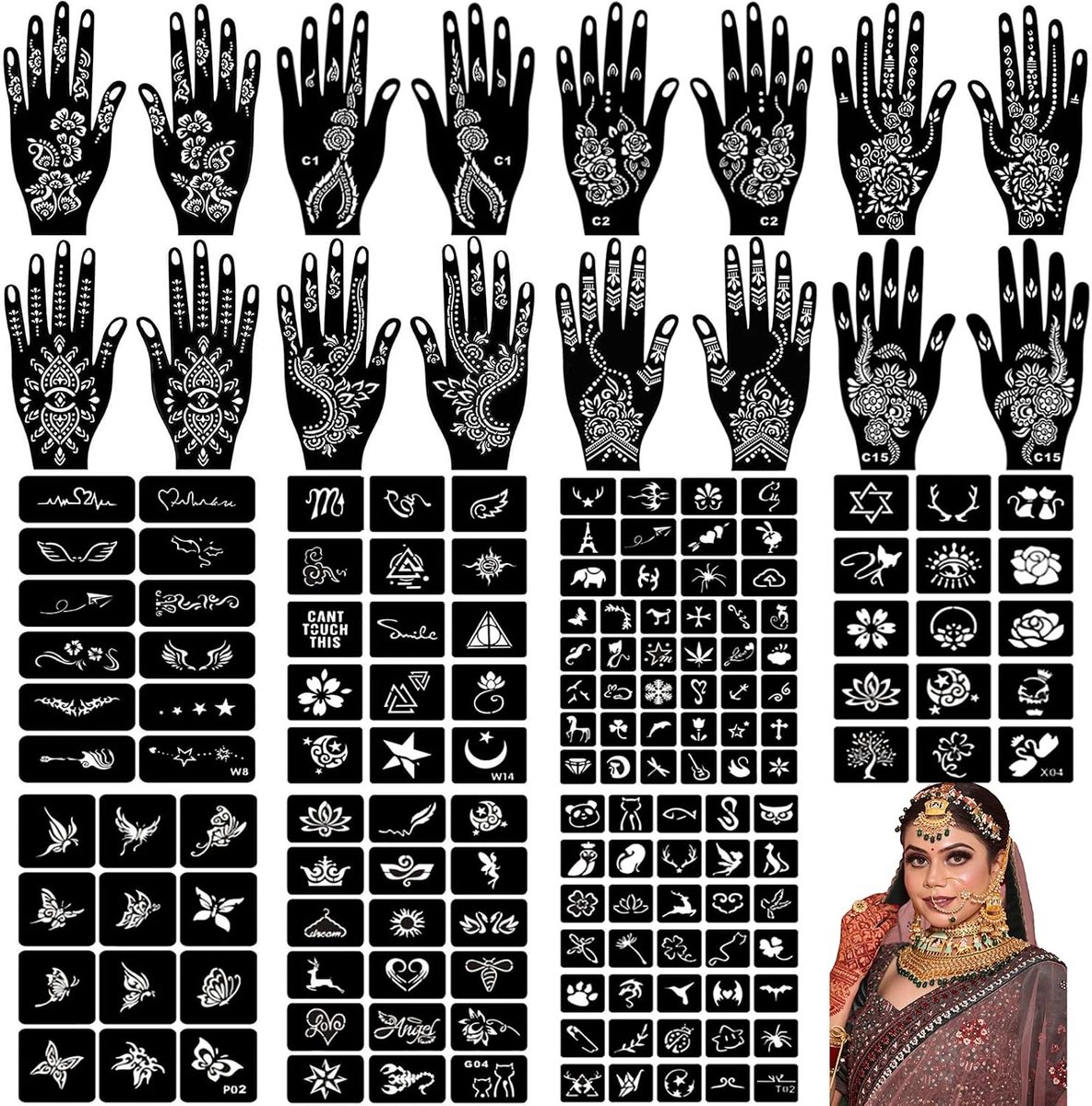 23 Bladen Henna Tattoo Schabloon Kit, Henna Schablonen Temporare Tattoo Schablonen Indische Arabische Händen Tattoo Tempel Sticker voor Dames