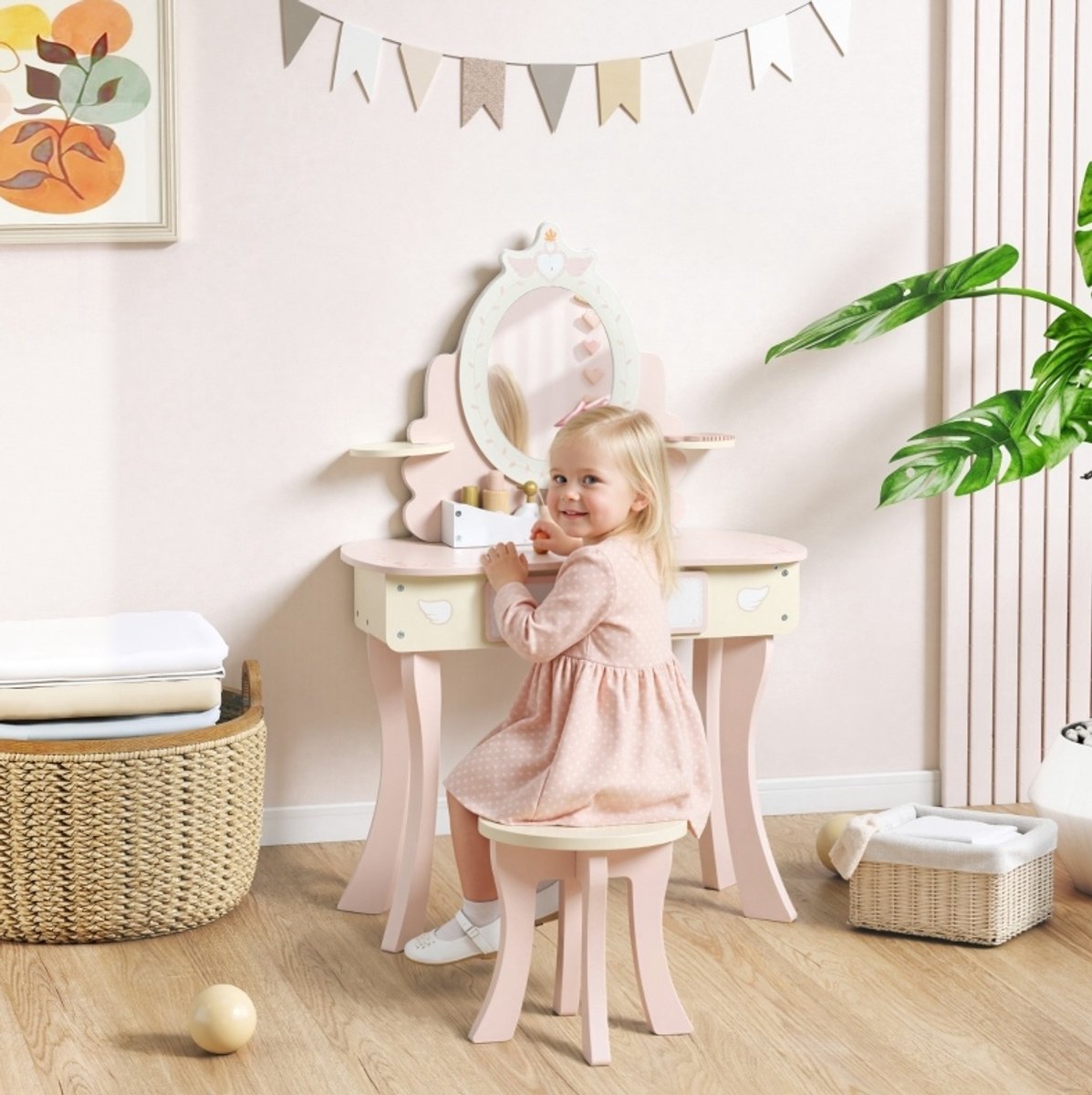 COVREO Kinderschminktafel 59,8x29,6x89,8 cm roze, hout met stoel en spiegel