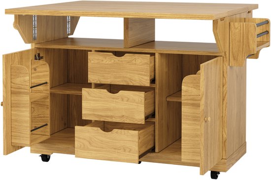 MIVRAY Keukeneiland - Verrijdbare Serveerwagen Met Uitklapbare Zijbladen En 3 Lades - Voor Keuken En Eetkamer - MDF En Metaal - Naturbruin — afbeelding 4