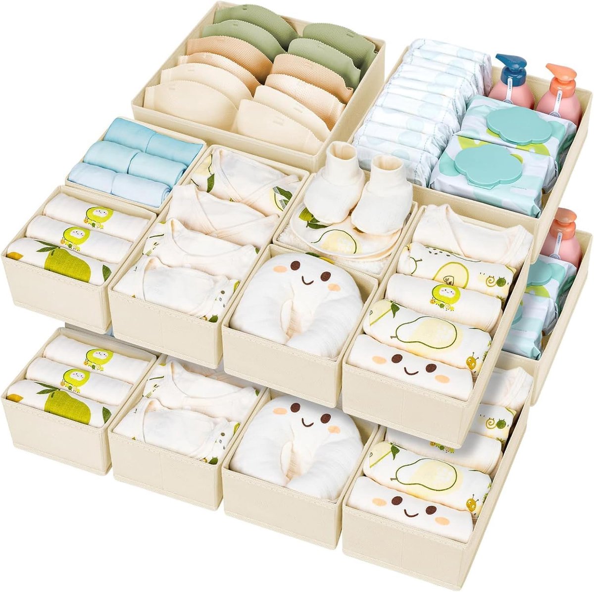 Lade Organizer Voor Kleding - Opvouwbare Stoffen Opbergdoos Set, 15 Stuks Sokken Organizer, Kledingkast Opbergsysteem Voor Beha's, Sokken, Slips, stropdassen, Broeken, Beige