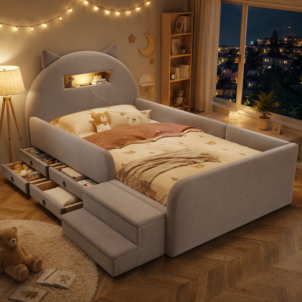 Kinderbed 90x200 cm - Eenpersoonsbed - Gestoffeerd bed - Vloerbed - Multifunctioneel bed - Met opbergvak - Met nachtlampje - Met hoofdbord - Met USB-oplaadpoort - Afneembare voetsteun - Veilig en comfortabel - Lichtgrijs