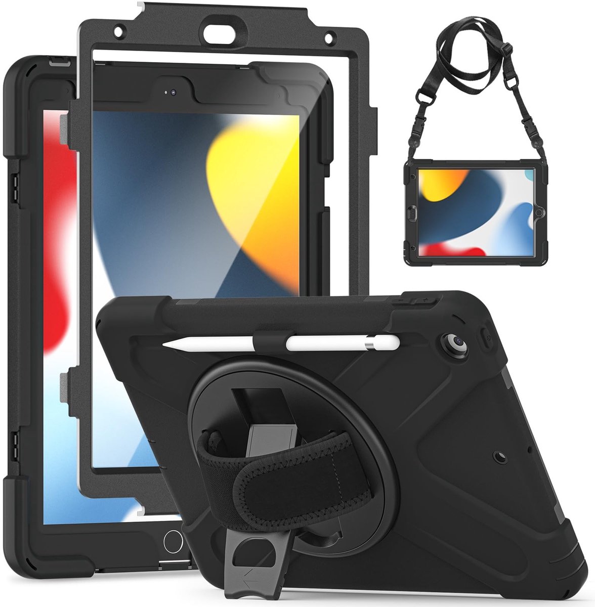 Omgoods - Case voor iPad 9e/8e/7e Generatie met Screen Protector en Schouderband - Robuust