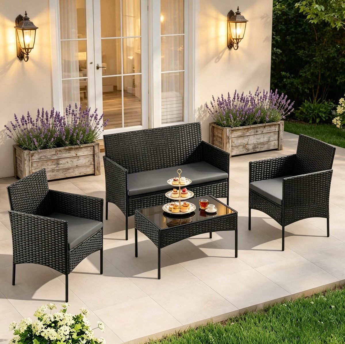 COVREO Tuinmeubelset 4-delig zwart, metaal en glas met 2-zits sofa