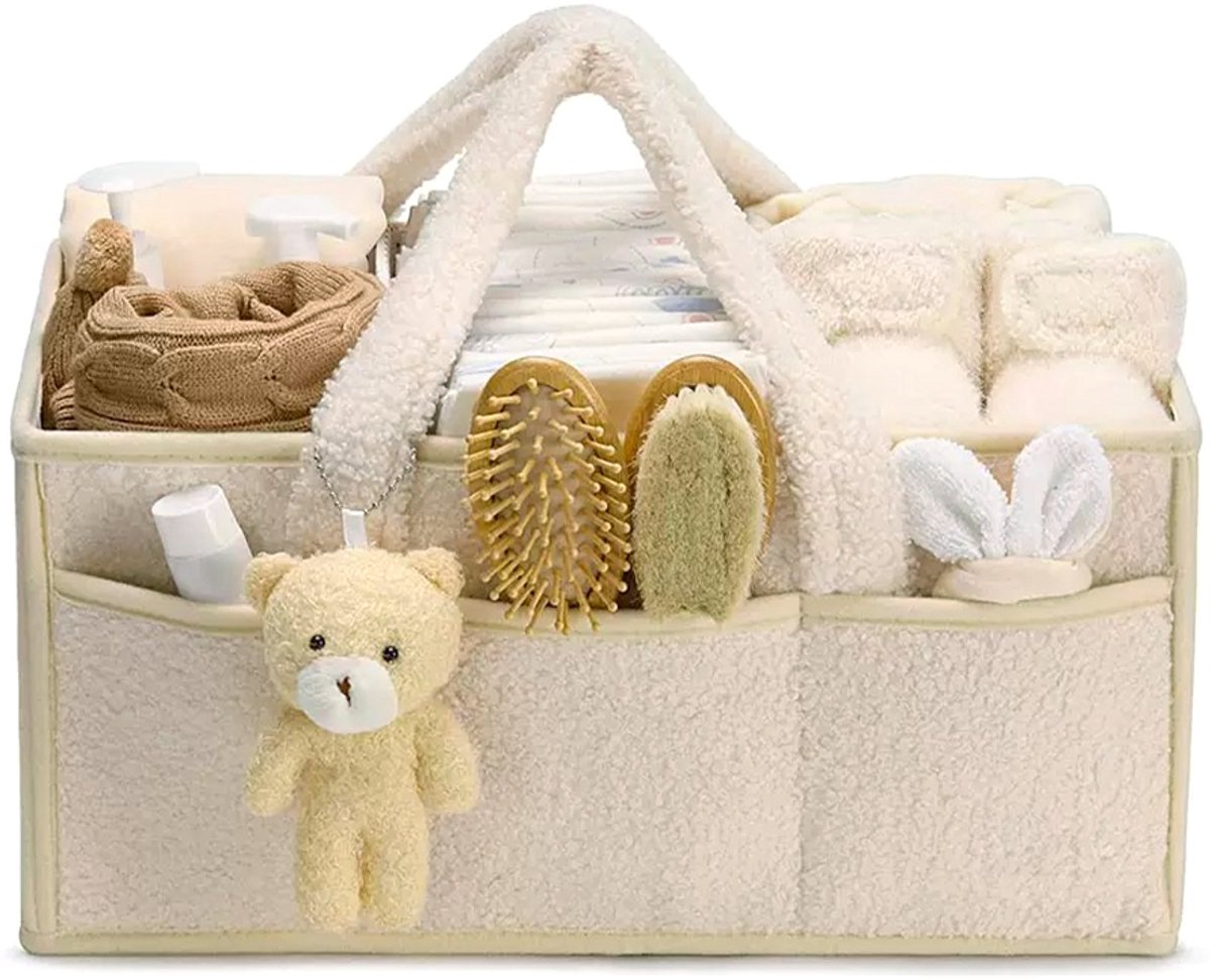 Opbergdoos voor luiers - met handvat - draagbare luiermand - pluche luiertas - reistas - opbergdoos met grote capaciteit - multifunctionele opbergtas - 38 cm * 25,4 cm * 17,8 cm - wit