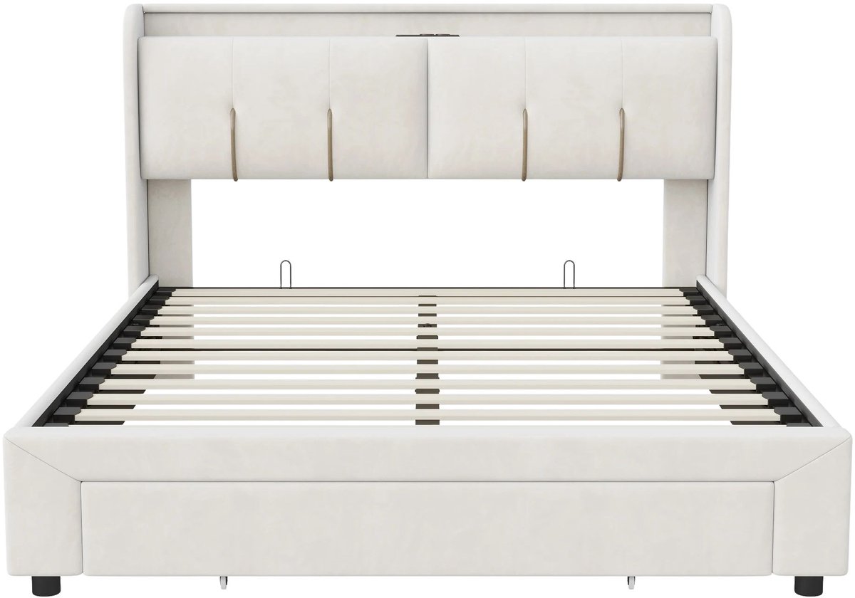 Happiq Gestoffeerd Tweepersoonsbed 160x200 cm Off White - met Opbergruimte, Hoofdbord Wit