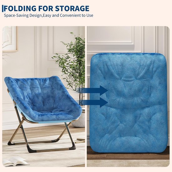 Maanstoel Inklapbaar - Schotelstoel van Zacht Faux Fur - Relaxstoel met Elegante Gouden Poten - Comfortabele Luie Stoel voor Slaapkamer, Woonkamer en Studentenkamer - Belastbaar tot 136 kg - Blauw/Goud — afbeelding 3