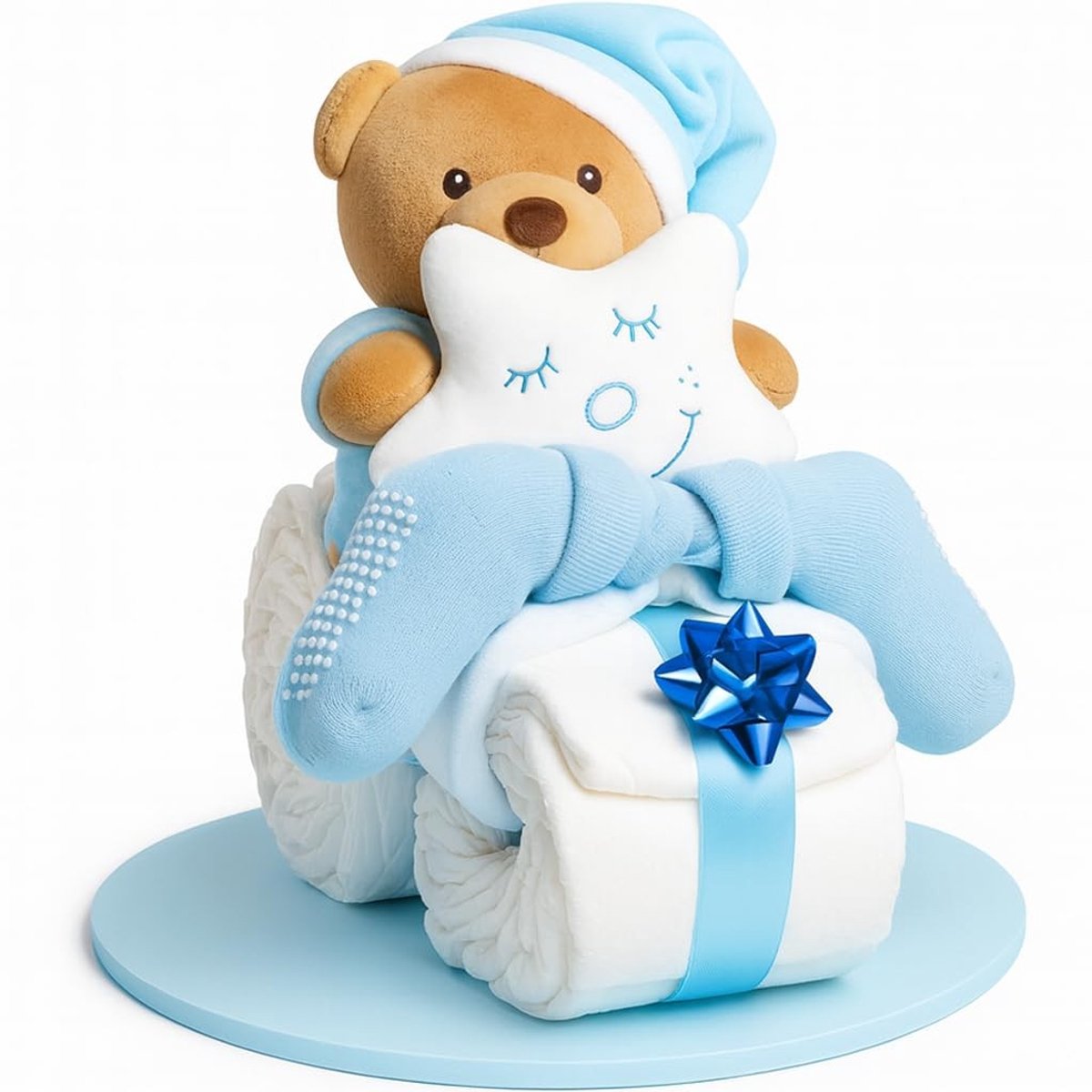 Omgoods - Diaper Cake Boy in Blue - Motorfiets met Pluche Speelgoed voor Geboorte & Doop