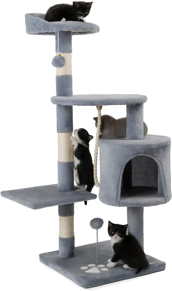 Lìon® Krabpaal - 2 Pluche Ballen & Speel Touw - Kattenkrabpaal - Katten Krabpaal - Lichtgrijs - 40cm x 60cm x 112cm