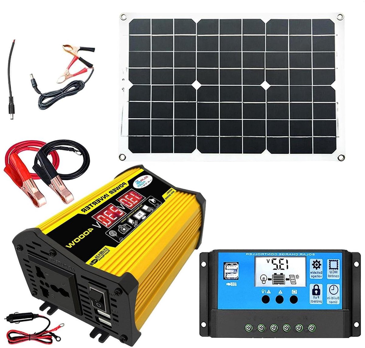Draagbaar Zonnepaneel Set - Compleet Solar Systeem - Noodstroom Voorziening - Met 4000W Omvormer - 420 x 280 mm - Zwart