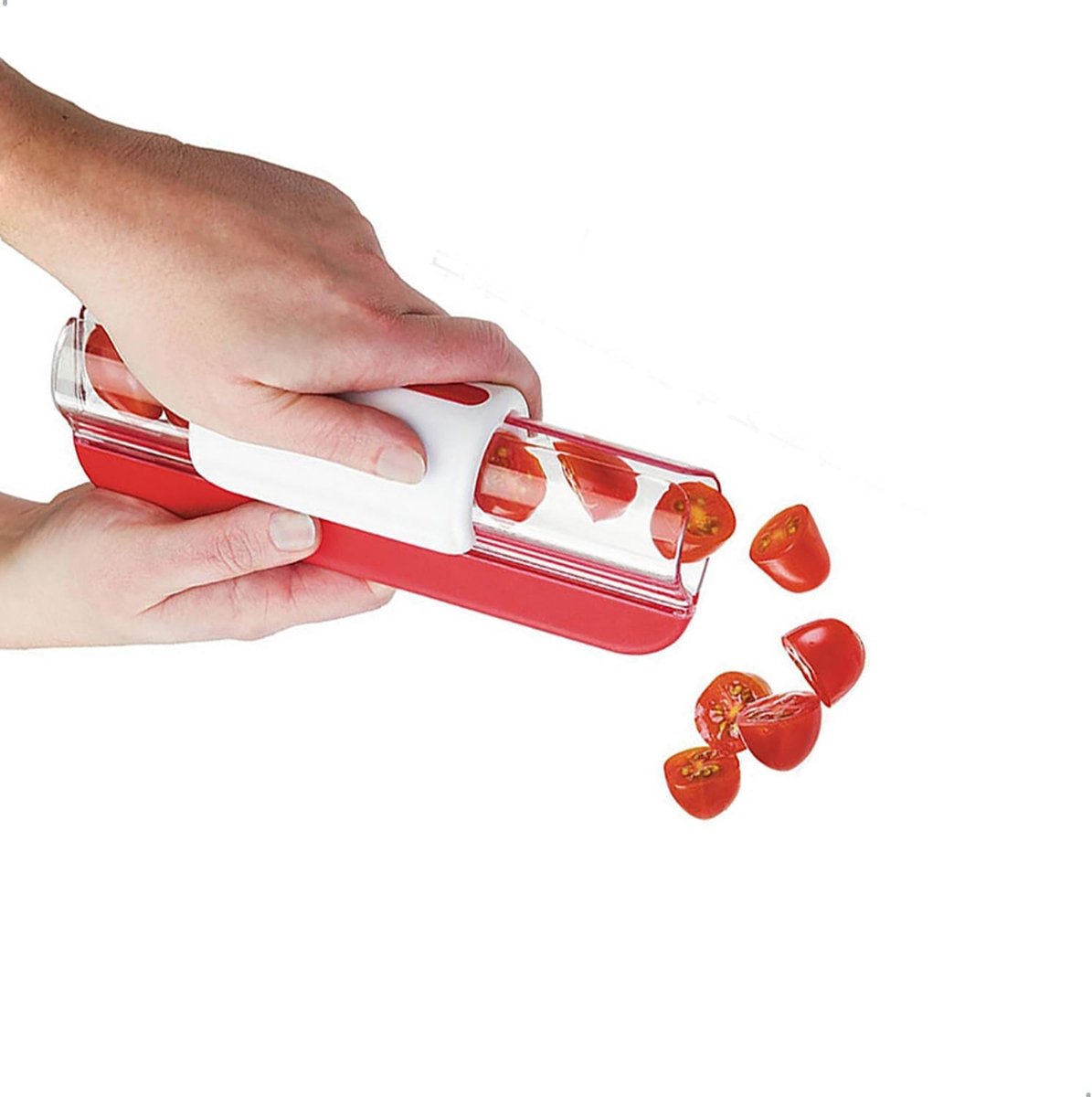 Professionele Fruitsnijder voor Tomaten, Druiven en Kersen - Keukenhulpmiddel voor Snel en Efficiënt Snijden, 20 x 7.5 x 7 cm, Rood