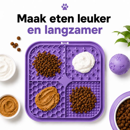 Paarse likmat gevuld met hondenbrokken, yoghurt en pindakaas. Bekers en speelgoed eromheen.