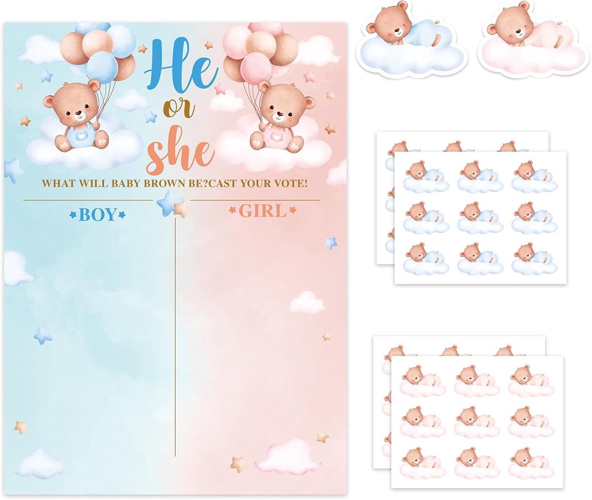Reveal Party Decor Set voor geslachtsopenbaring - Boy or Girl stemmingsposter met stickers voor babyparty spelletjes - Baby Shower decoratie wit - Ideeën voor geslachtsopenbaring