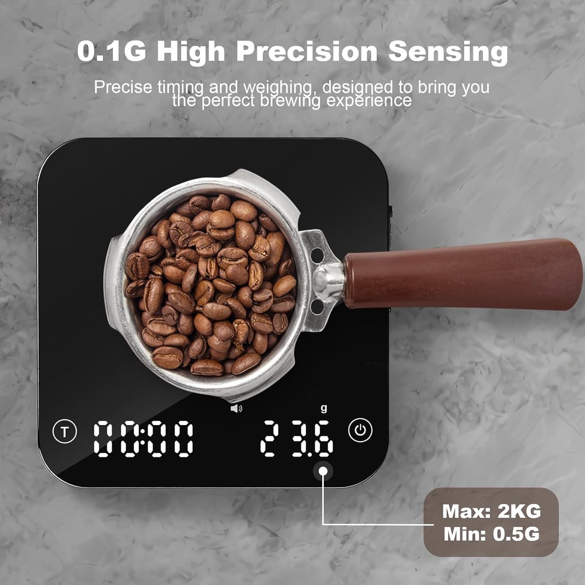 Mini-koffieweegschaal met timer, barista weegschaal, oplaadbare weegschaal voor filterkoffie, barista weegschaal voor espresso en pour-over koffie, 2 kg/0,1 g, nauwkeurige oplaadbare weegschaal