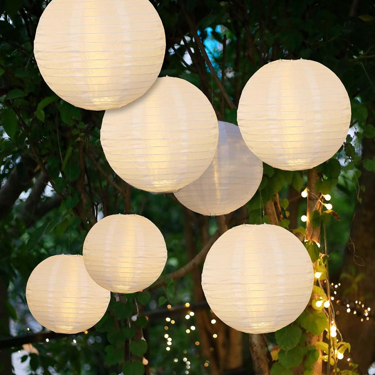 Lampions voor buiten, weerbestendig, set van 7 met warmwitte led en batterij, 1 x Ø 30 cm, 3 x Ø 25 cm, 3 x Ø 20 cm, lampions wit met afstandsbediening, lantaarns voor buiten, led-lantaarns