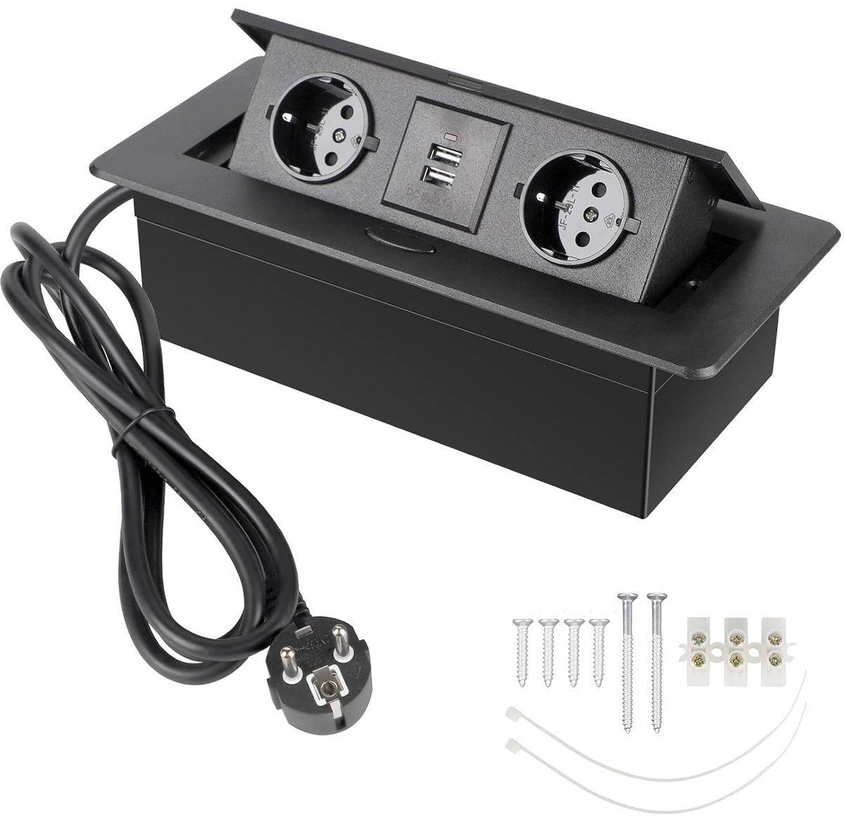 USB-tafelstekker/stekker/1,8 m kabel, intrekbare meervoudige stekkerdoos voor het aansluiten in de zwarte tafel, hoeklijst met 2 stopcontacten en 2 USB