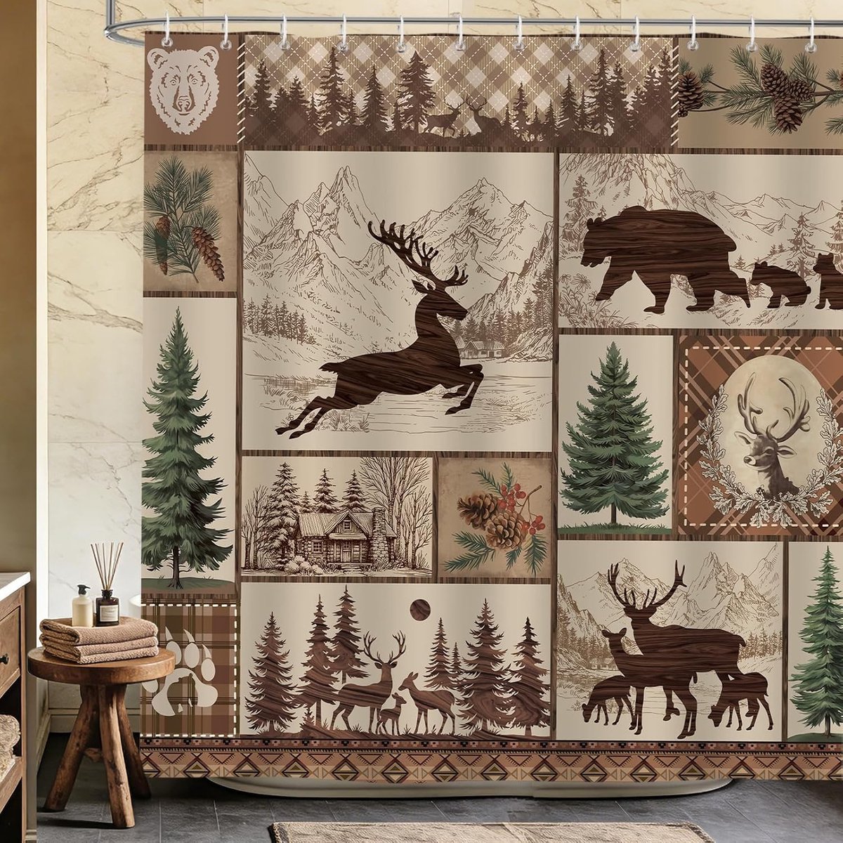 Rustiek douchegordijn met hert en beer, 180 x 180 cm, waterdicht polyester, ideaal voor badkamer met bosdieren thema, machinewasbaar en inclusief 12 haken