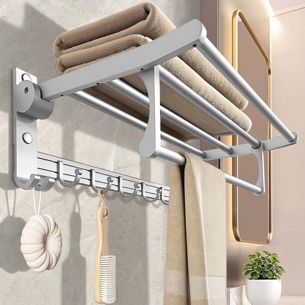 Handdoekhouder, inklapbaar, zilverkleurig, 38 cm, handdoekstang, aluminiumlegering met haken, handdoekrek met boren, voor badkamer en keuken