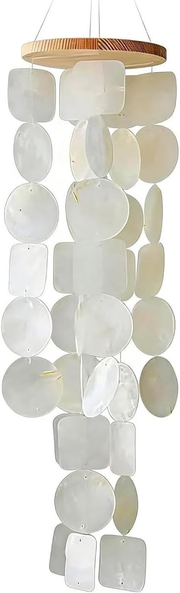 windgong van echte Capiz schelpen, boho-decoratie, hangend voor balkon, tuin, terras, 45 cm, windgong met hout, ontspannend geluid, zomerstranddecoratie, blauw, groen, wit