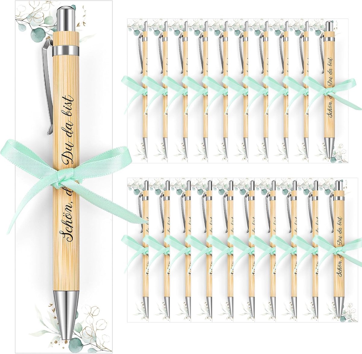 Set van 20 houten balpennen met spreuk, kaart grasgroen, bedankje, gastgeschenk, doop, verjaardag, 20 stuks