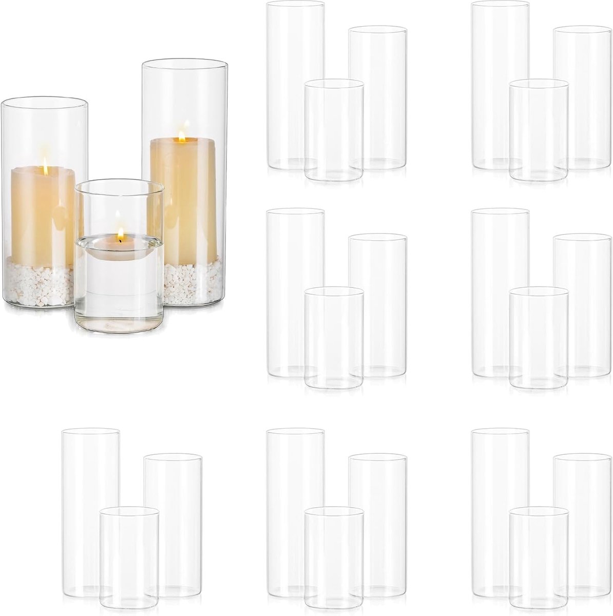 SnelShoppen - 24 Stuks Glas Kaarsenhouders Windlicht Set - Diverse Hoogtes 10cm, 15cm, 20cm - Voor Drijvende Kaarsen, Votiv Kaarsen - Tafel Decoratie